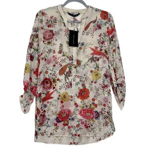 Zara Woman’s M Peacock Garden‎ Floral Semi-sheer V-Neck 1/2 Button Tunic Top